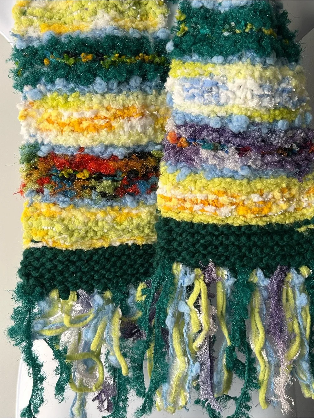 Handmade Multicolor Textured Fringe Scarf - Green, Yellow & Blue